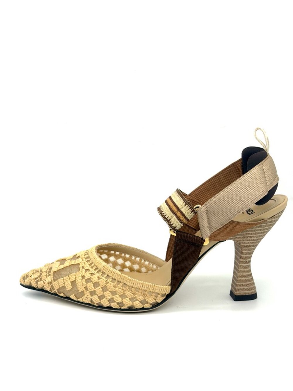 FENDI Colibri 85 Mesh Raffia Sporty FF Logo Slingback Heels Pumps Sandals - Picture 3 of 16